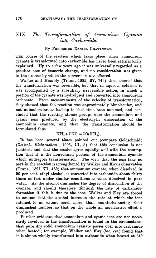 XIX.—The transformation of ammonium cyanate into carbamide