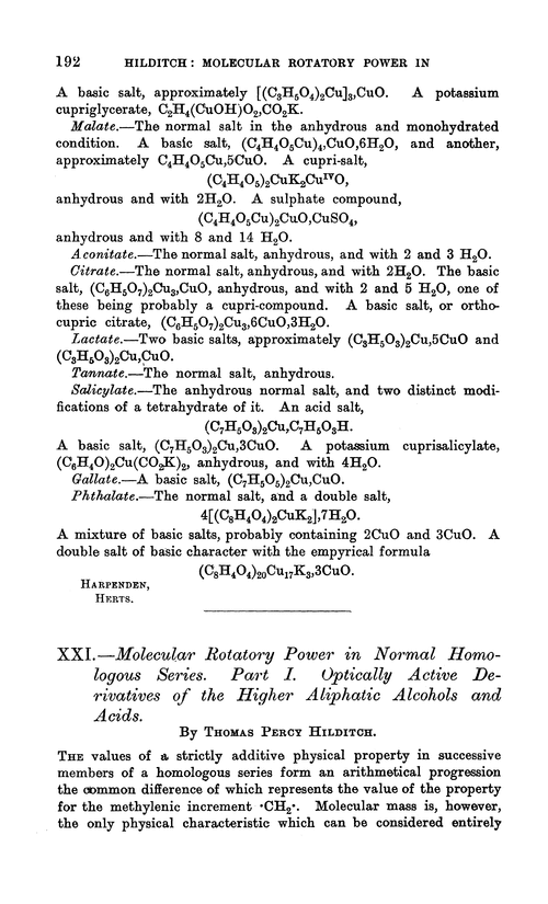 XXI.—Molecular rotatory power in normal homologous series. Part I. Optically active derivatives of the higher aliphatic alcohols and acids