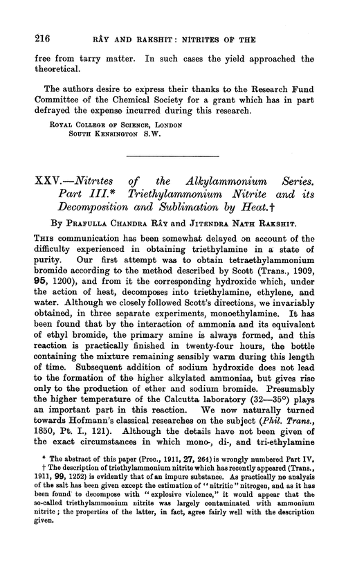 XXV.—Nitrites of the alkylammonium series. Part III. Triethylammonium nitrite and its decomposition and sublimation by heat