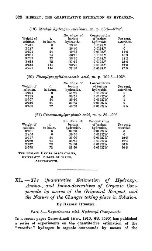 XL.—The quantitative estimation of hydroxy-, amino-, and imino-derivatives of organic compounds by means of the grignard reagent, and the nature of the changes taking place in solution