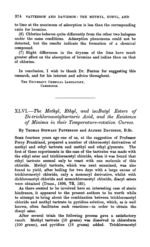 XLVI.—The methyl, ethyl, and isobutyl esters of di-trichloroacetyltartaric acid, and the existence of minima in their temperature-rotation curves