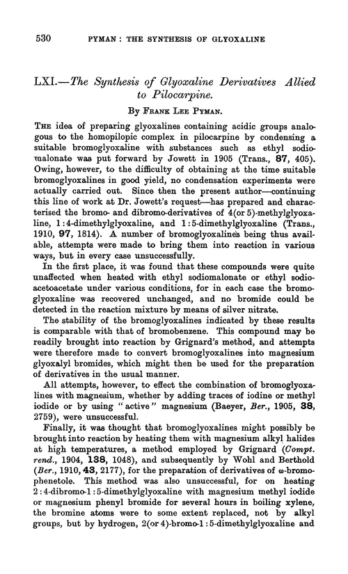 LXI.—The synthesis of glyoxaline derivatives allied to pilocarpine