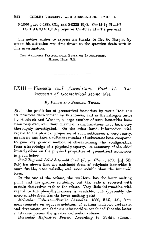 LXIII.—Viscosity and association. Part II. The viscosity of geometrical isomerides