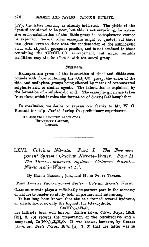 LXVI.—Calcium nitrate. Part I. The two-component system: calcium nitrate–water. Part II. The three-component system: calcium nitrate–nitric acid–water at 25°
