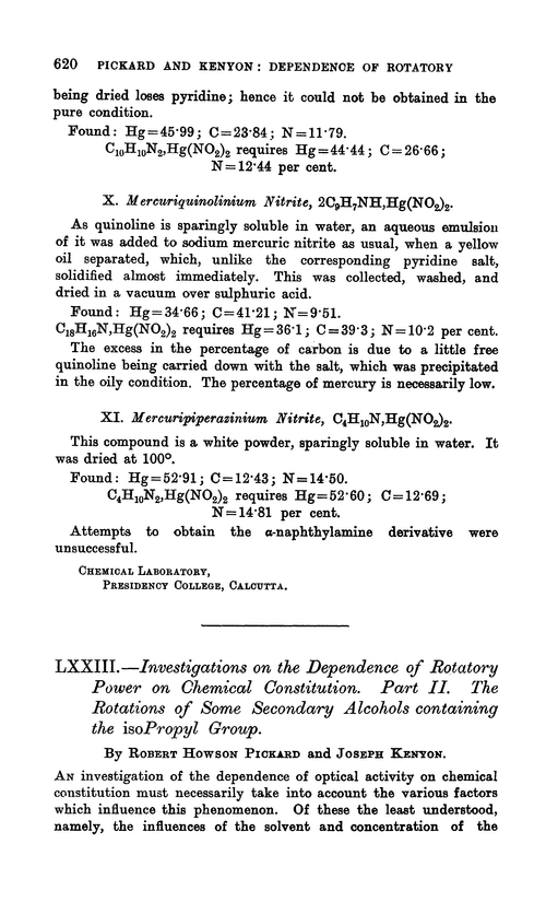 LXXIII.—Investigations on the dependence of rotatory power on chemical constitution. Part II. The rotations of some secondary alcohols containing the isopropyl group
