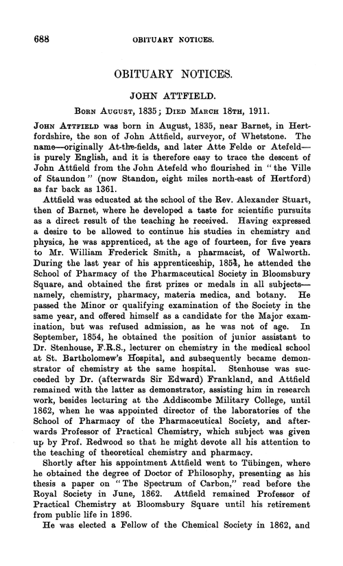 Obituary notices: John Attfield, 1835–1911; John Muter, 1841–1911; Walthere Victor Spring, 1848–1911; Nevil Story-Maskelyne, 1823–1911; Louis Joseph Troost, 1825–1911