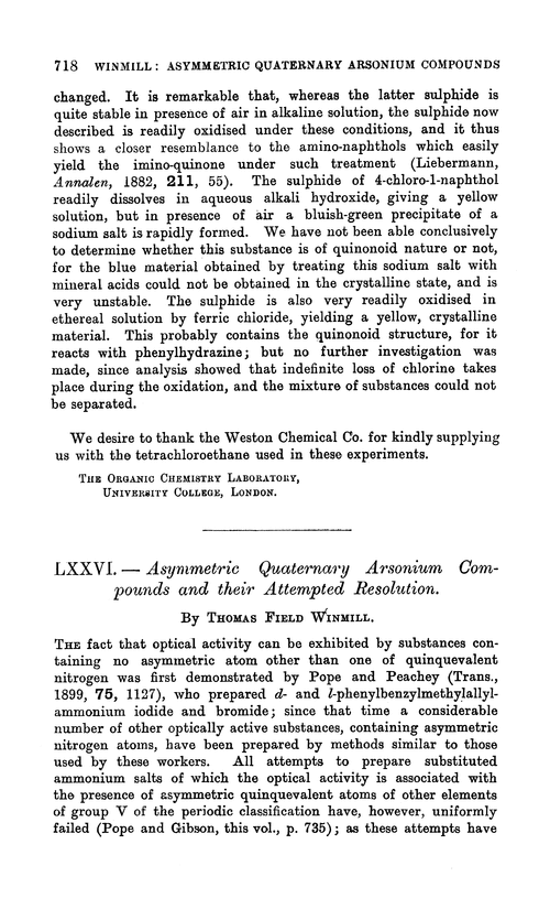 LXXVI.—Asymmetric quaternary arsonium compounds and their attempted resolution