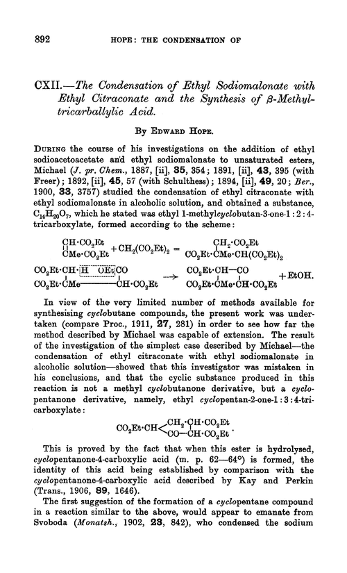 XCII.—The condensation of ethyl sodiomalonate with ethyl citraconate and the synthesis of β-methyltricarballylic acid