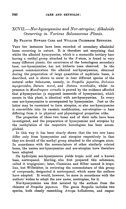 XCVII.—Nor-hyoscyamine and nor-atropine; alkaloids occurring in various solanaceous plants