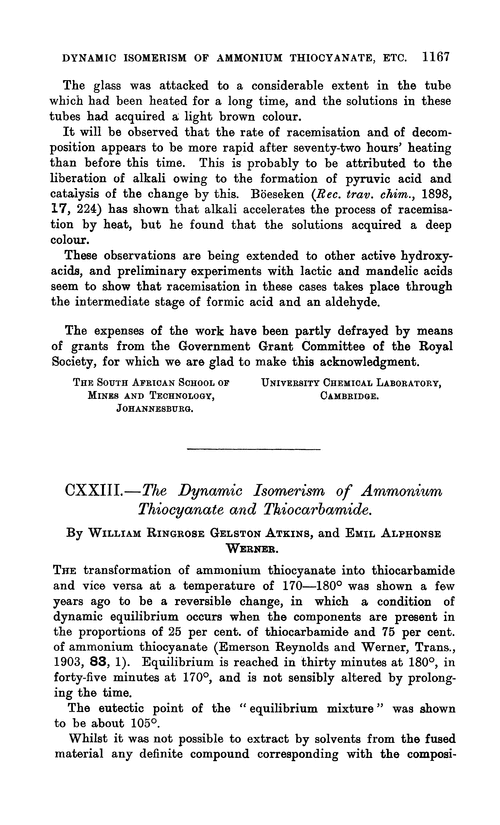 CXXIII.—The dynamic isomerism of ammonium thiocyanate and thiocarbamide