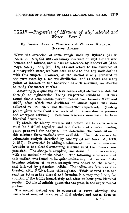 CXXIV.—Properties of mixtures of allyl alcohol and water. Part I