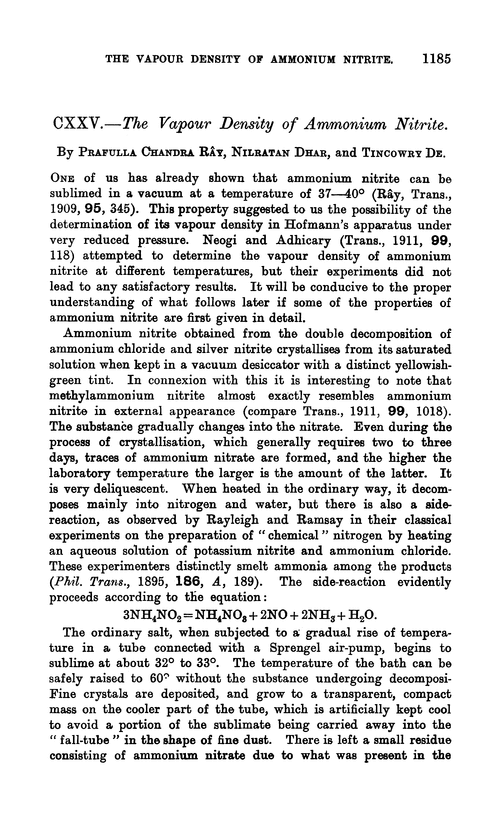 CXXV.—The vapour density of ammonium nitrite