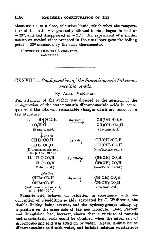 CXXVIII.—Configuration of the stereoisomeric dibromosuccinic acids