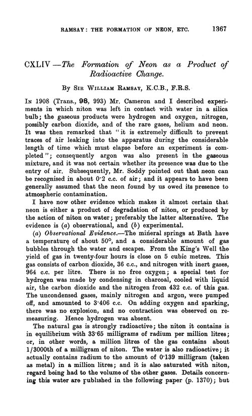 CXLIV—The formation of neon as a product of radioactive change