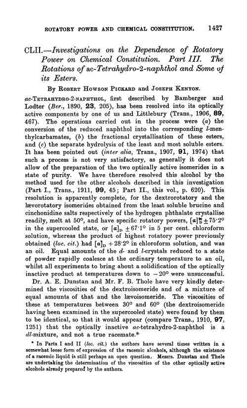 CLII.—Investigations on the dependence of rotatory power on chemical constitution. Part III. The rotations of ac-tetrahydro-2-naphthol and some of its esters