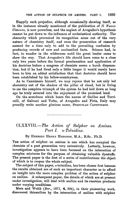 CLXXVIII.—The action of sulphur on amines. Part I. o-Toluidine