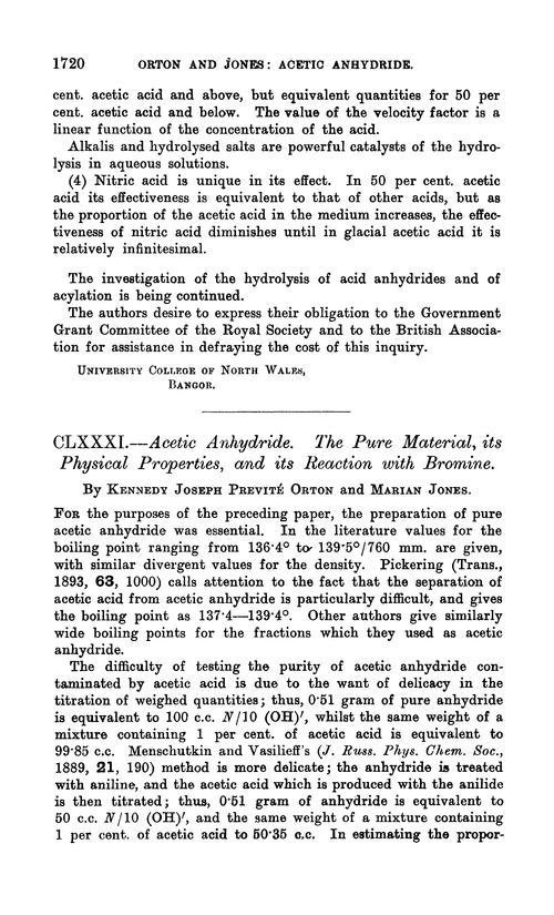 CLXXXI.—Acetic anhydride. The pure material, its physical properties, and its reaction with bromine