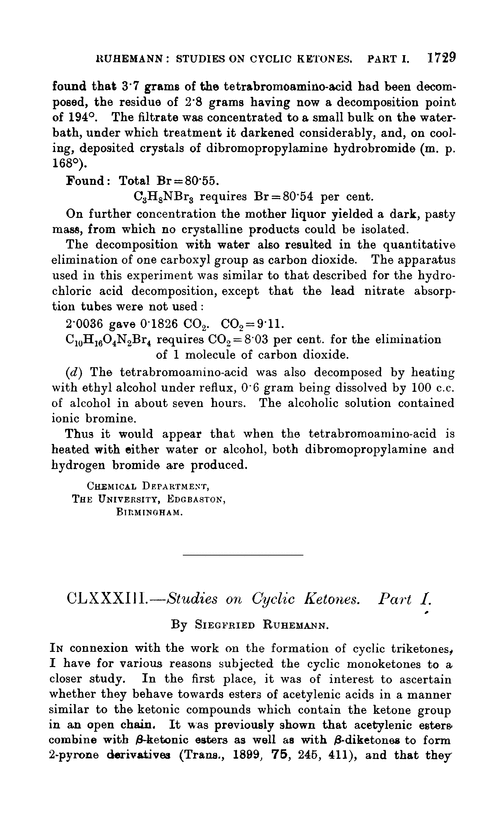 CLXXXIII.—Studies on cyclic ketones. Part I