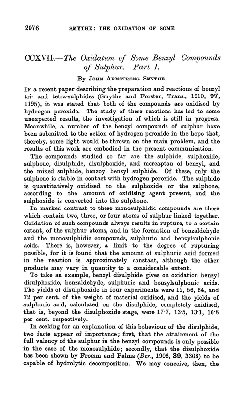 CCXVII.—The oxidation of some benzyl compounds of sulphur. Part I