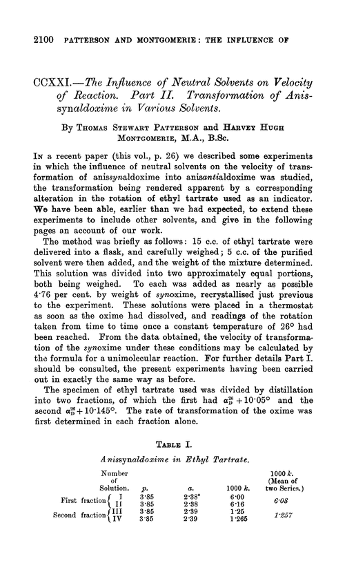 CCXXI.—The influence of neutral solvents on velocity of reaction. Part II. Transformation of anissynaldoxime in various solvents