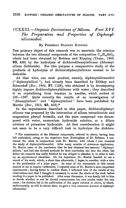 CCXXIII.—Organic derivatives of silicon. Part XVI. The preparation and properties of diphenylsilicanediol