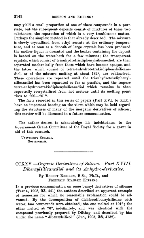 CCXXV.—Organic derivatives of silicon. Part XVIII. Dibenzylsilicanediol and its anhydro-derivative