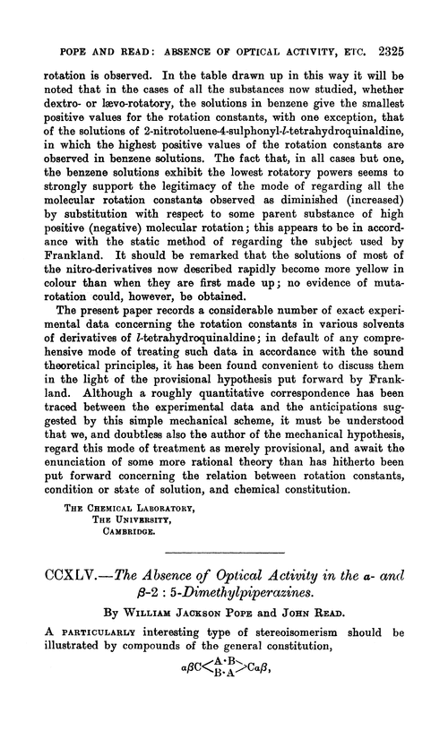 CCXLV.—The absence of optical activity in the α- and β-2 : 5-dimethylpiperazines