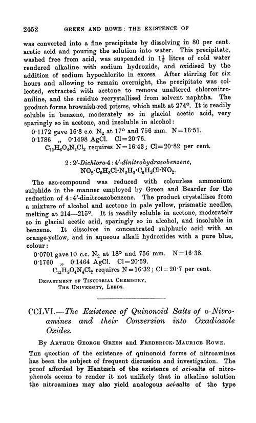 CCLVI.—The existence of quinonoid salts of o-nitro-amines and their conversion into oxadiazole oxides