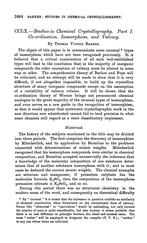 CCLX.—Studies in chemical crystallography. Part I. Co-ordination, isomorphism, and valency