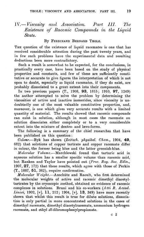 IV.—Viscosity and association. Part III. The existence of racemic compounds in the liquid state