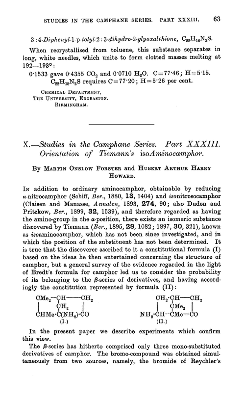X.—Studies in the camphane series. Part XXXIII. Orientation of Tiemann's isoaminocamphor