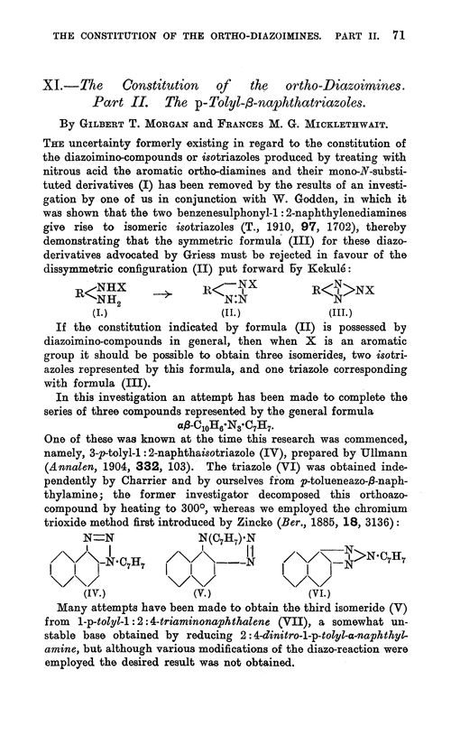 XI.—The constitution of the ortho-diazoimines. Part II. The p-tolyl-β-naphthatriazoles