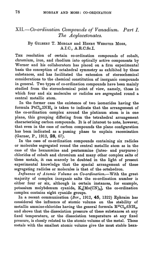 XII.—Co-ordination compounds of vanadium. Part I. The acylacetonates