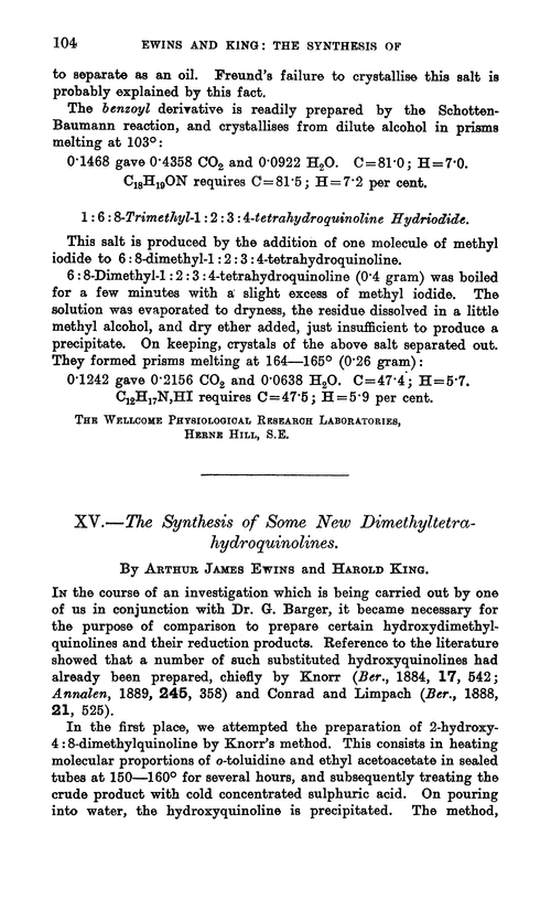 XV.—The synthesis of some new dimethyltetra-hydroquinolines