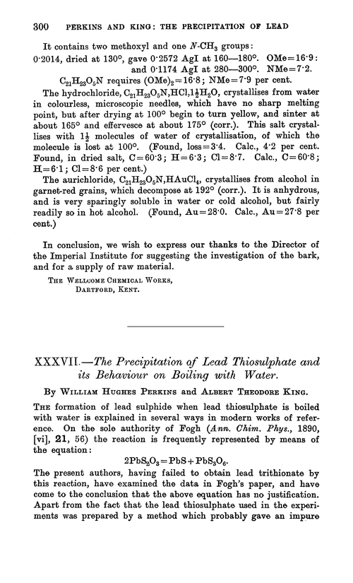 XXXVII.—The precipitation of lead thiosulphate and its behaviour on boiling with water