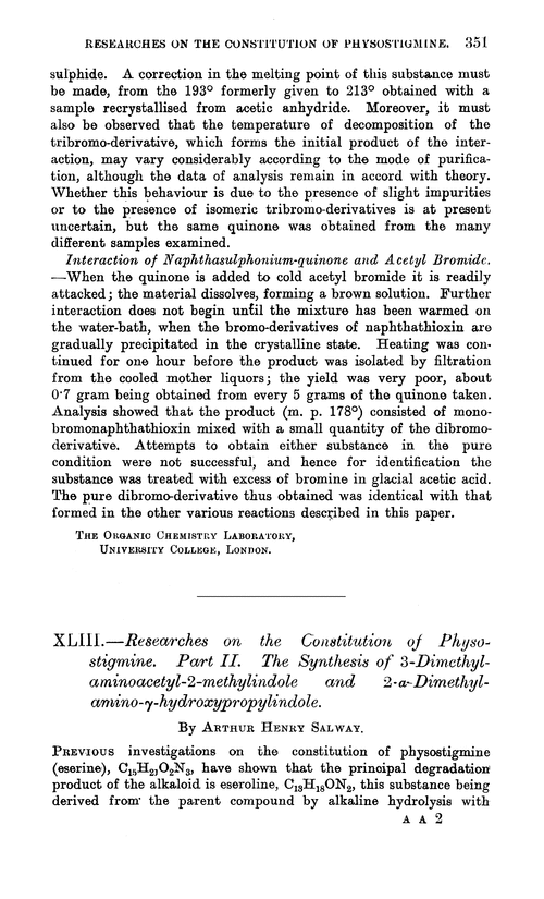 XLIII.—Researches on the constitution of physostigmine. Part II. The synthesis of 3-dimethyl-aminoacetyl-2-methylindole and 2-α-dimethyl-amino-γ-hydroxypropylindole