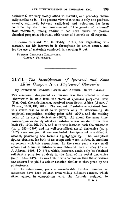 XLVII.—The identification of ipuranol and some allied compounds as phytosterol glucosides