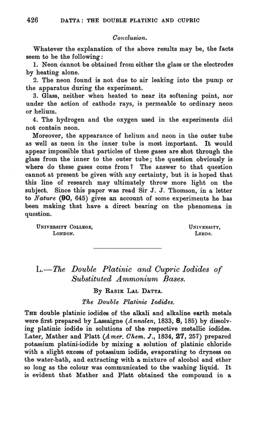 L.—The double platinic and cupric iodides of substituted ammonium bases