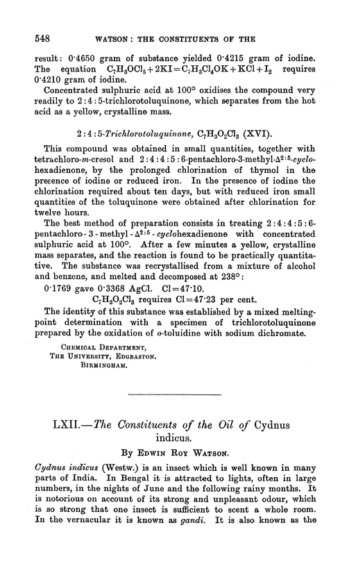 LXII.—The constituents of the oil of Cydnus indicus