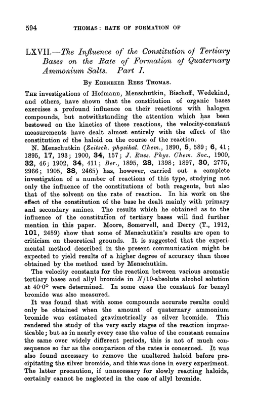 LXVII.—The influence of the constitution of tertiary bases on the rate of formation of quaternary ammonium salts. Part I