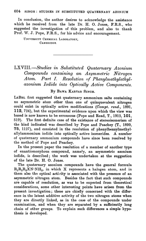 LXVIII.—Studies in substituted quaternary azonium compounds containing an asymmetric nitrogen atom. Part I. Resolution of phenylmethylethylazonium iodide into optically active components