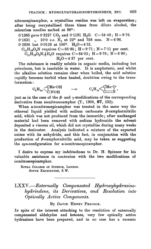 LXXV.—Externally compensated hydroxyhydrazinohydrindene, its derivatives, and resolution into optically active components