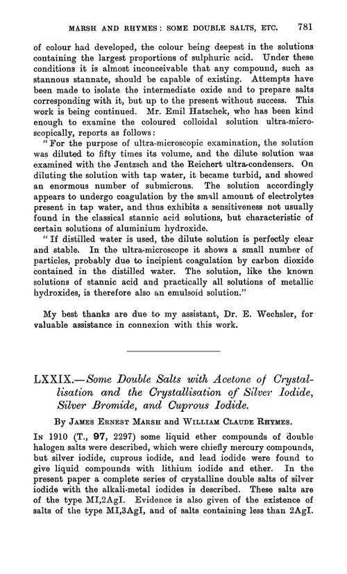 LXXIX.—Some double salts with acetone of crystallisation and the crystallisation of silver iodide, silver bromide, and cuprous iodine