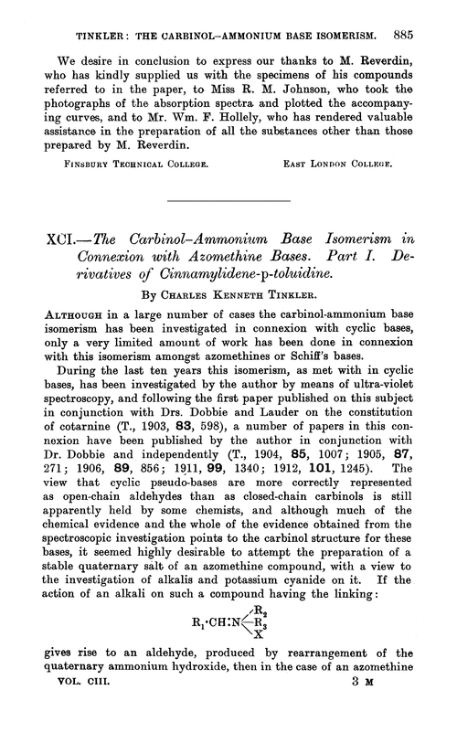 XCI.—The carbinol–ammonium base isomerism in connexion with azomethine bases. Part I. Derivatives of cinnamylidene-p-toluidine