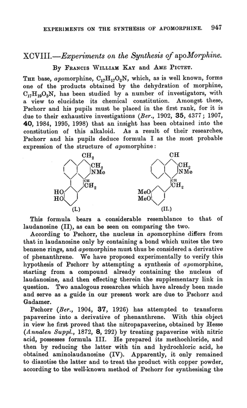 XCVIII.—Experiments on the synthesis of apomorphine