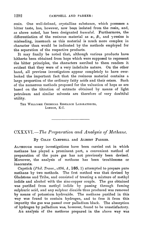 CXXXVI.—The preparation and analysis of methane