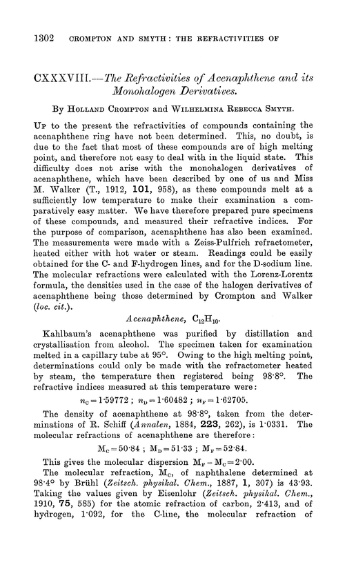CXXXVIII.—The refractivities of acenaphthene and its monohalogen derivatives