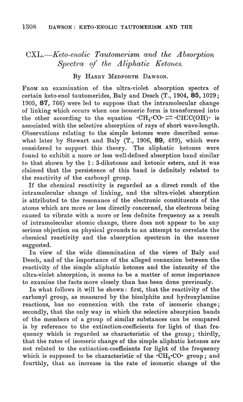 CXL.—Keto-enolic tautomerism and the absorption spectra of the aliphatic ketones