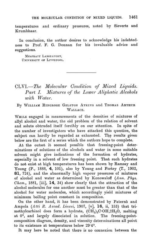 CLVI.—The molecular condition of mixed liquids. Part I. Mixtures of the lower aliphatic alcohols with water