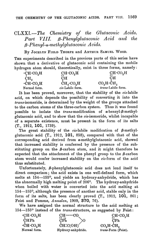 CLXXI.—The chemistry of the glutaconic acids. Part VIII. β-Phenylglutaconic acid and the β-phenyl-α-methylglutaconic acids